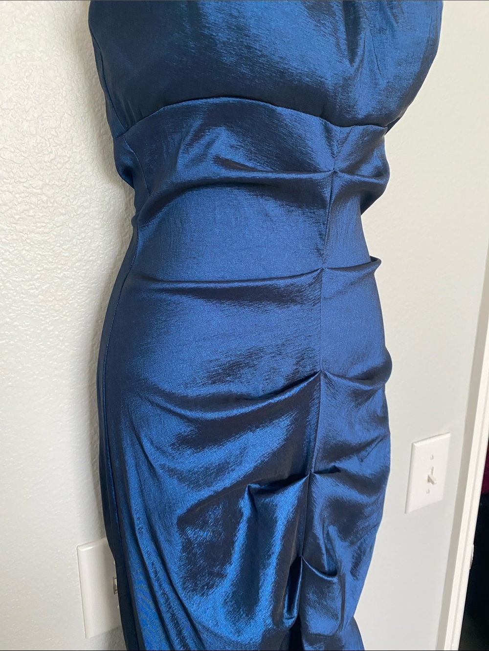 Xscape Elegant Beaded Halter Mermaid Hem Evening Full Length Gown in Deep Blue - Picture 4 of 12